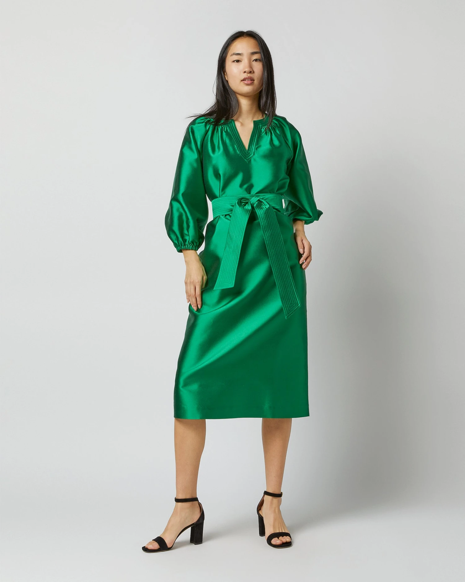 Trapunto Blouson Dress In Emerald Silk/Wool