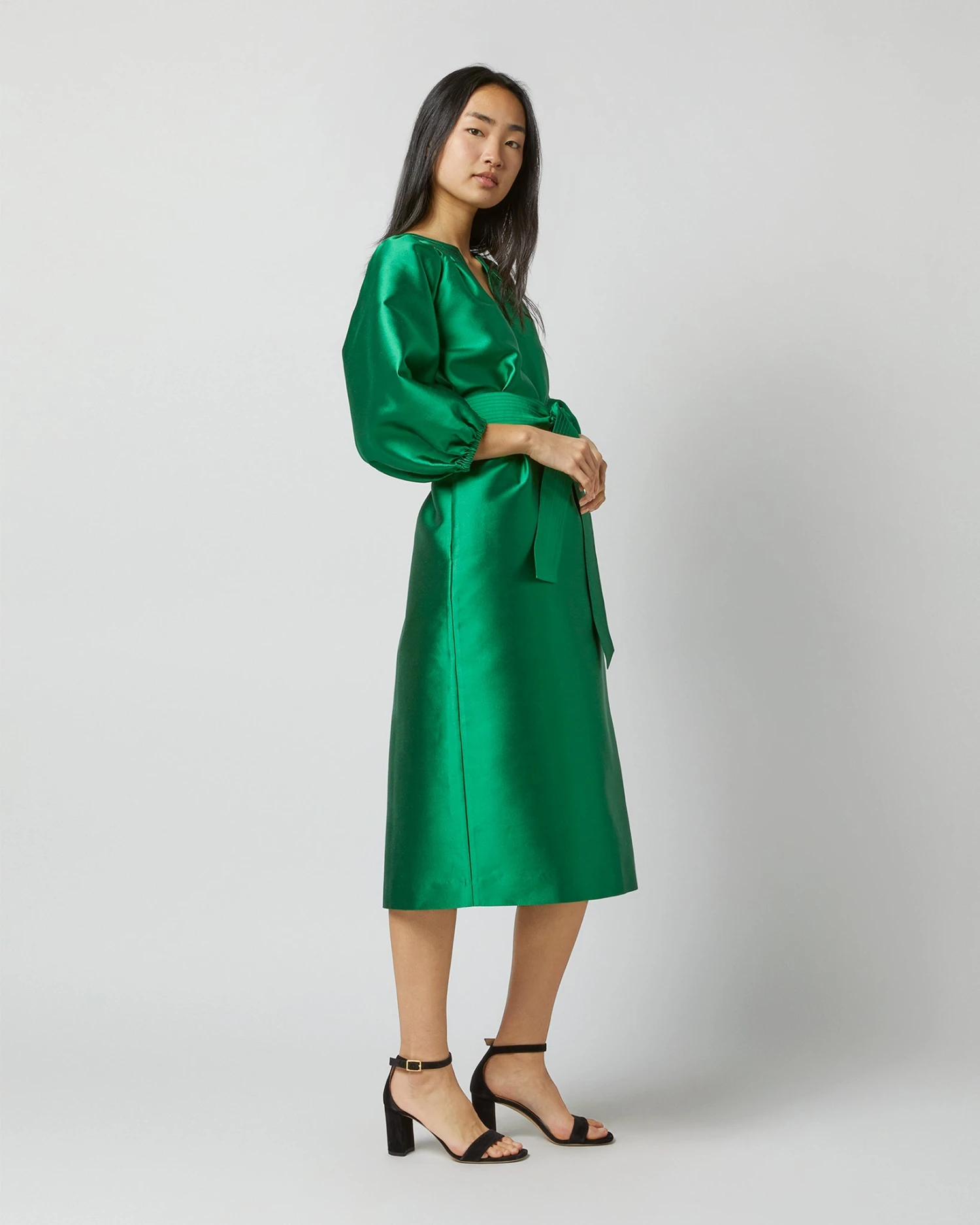 Trapunto Blouson Dress In Emerald Silk/Wool - Image 4