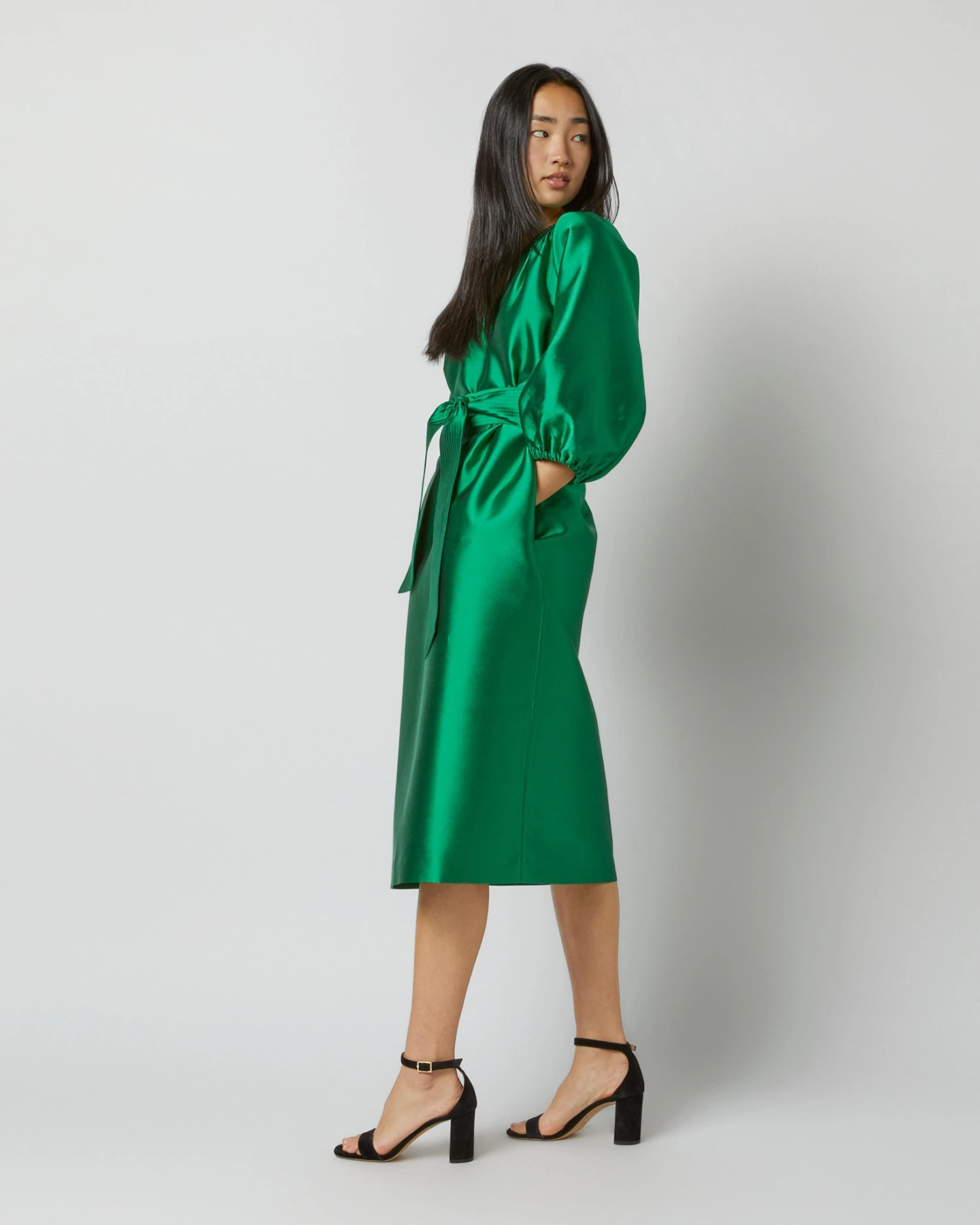 Trapunto Blouson Dress In Emerald Silk/Wool - Image 3