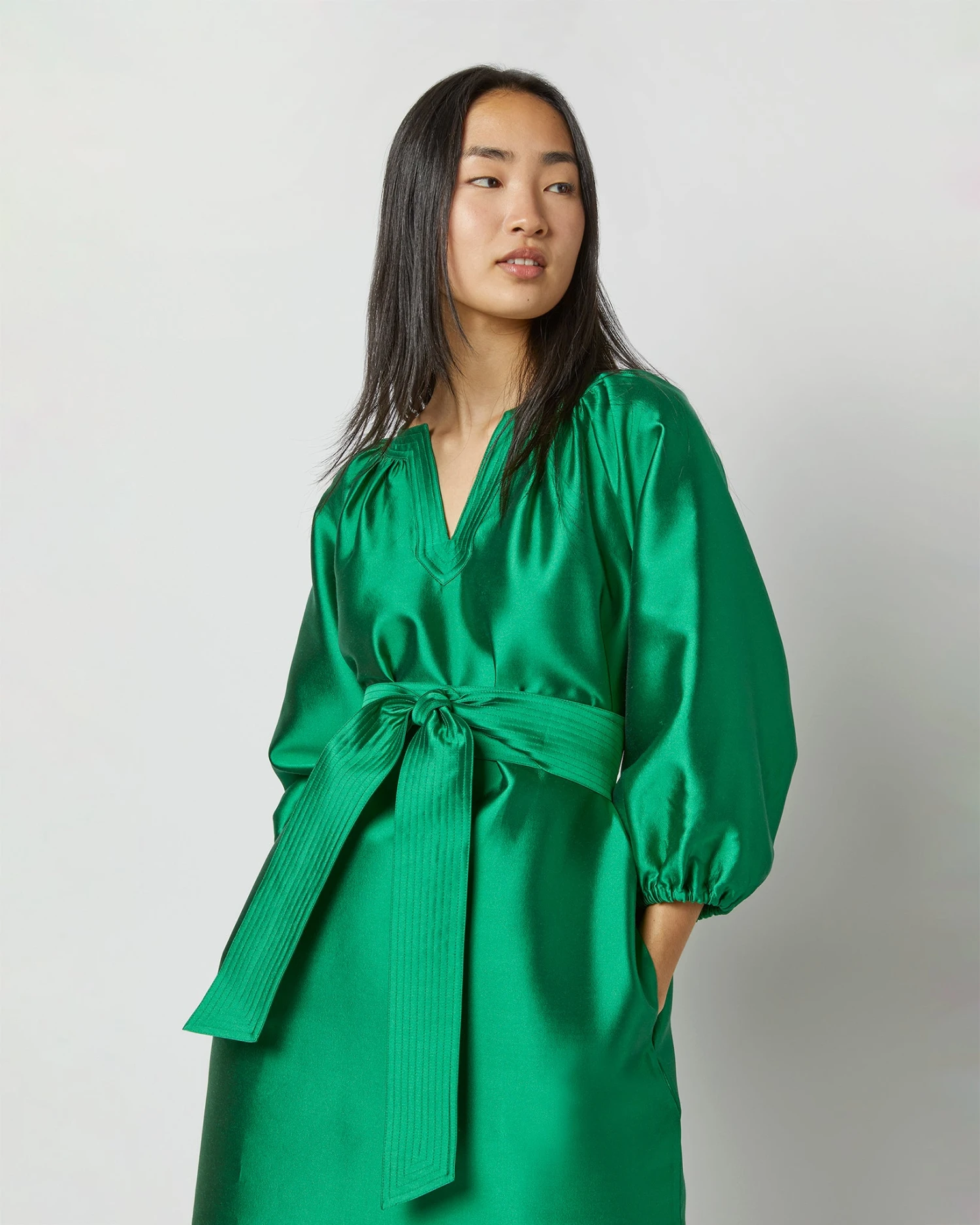 Trapunto Blouson Dress In Emerald Silk/Wool - Image 2