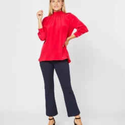 Colette Tie-Neck Blouse In Red Silk Crepe De Chine