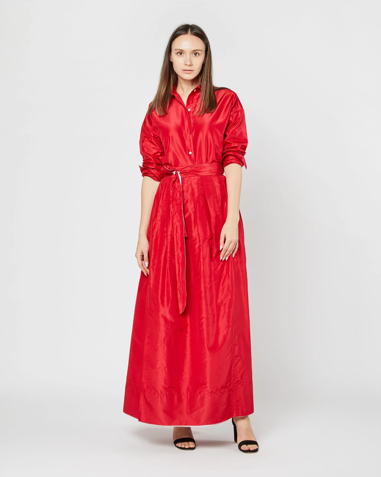 Elongated Elle Shirt In Red Silk Taffeta - Image 7