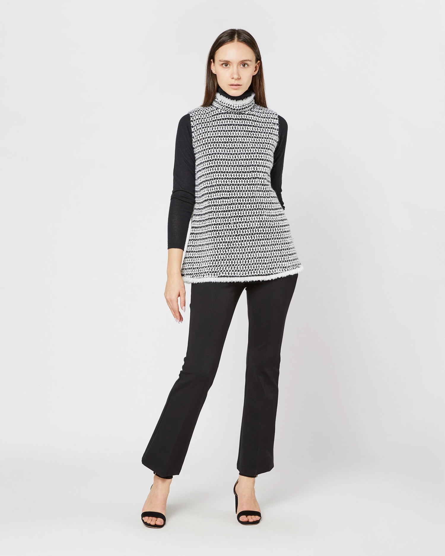 Sleeveless Ana Fringe Top In Ivory/Black Filagree Flower Wool - Image 7