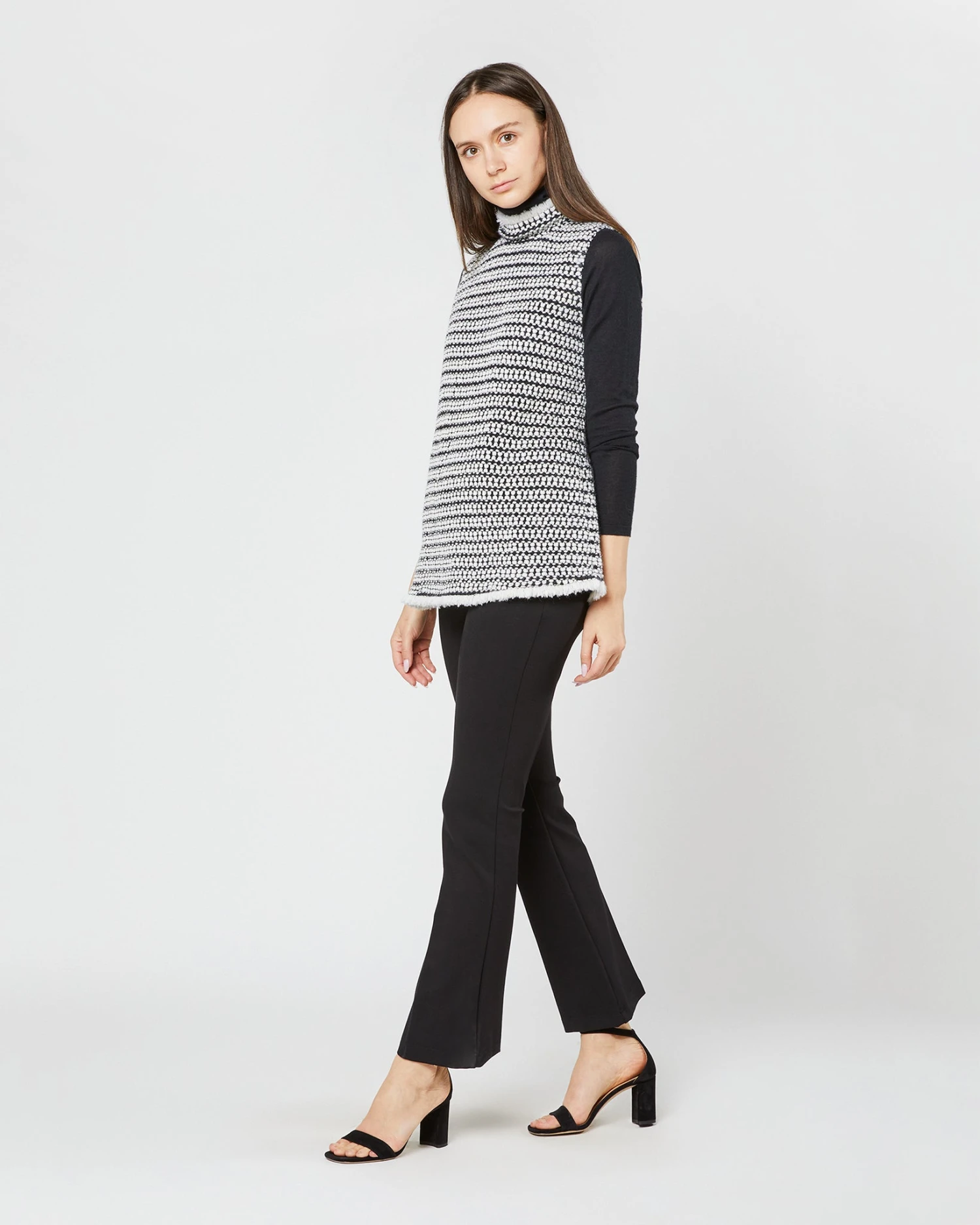 Sleeveless Ana Fringe Top In Ivory/Black Filagree Flower Wool - Image 9