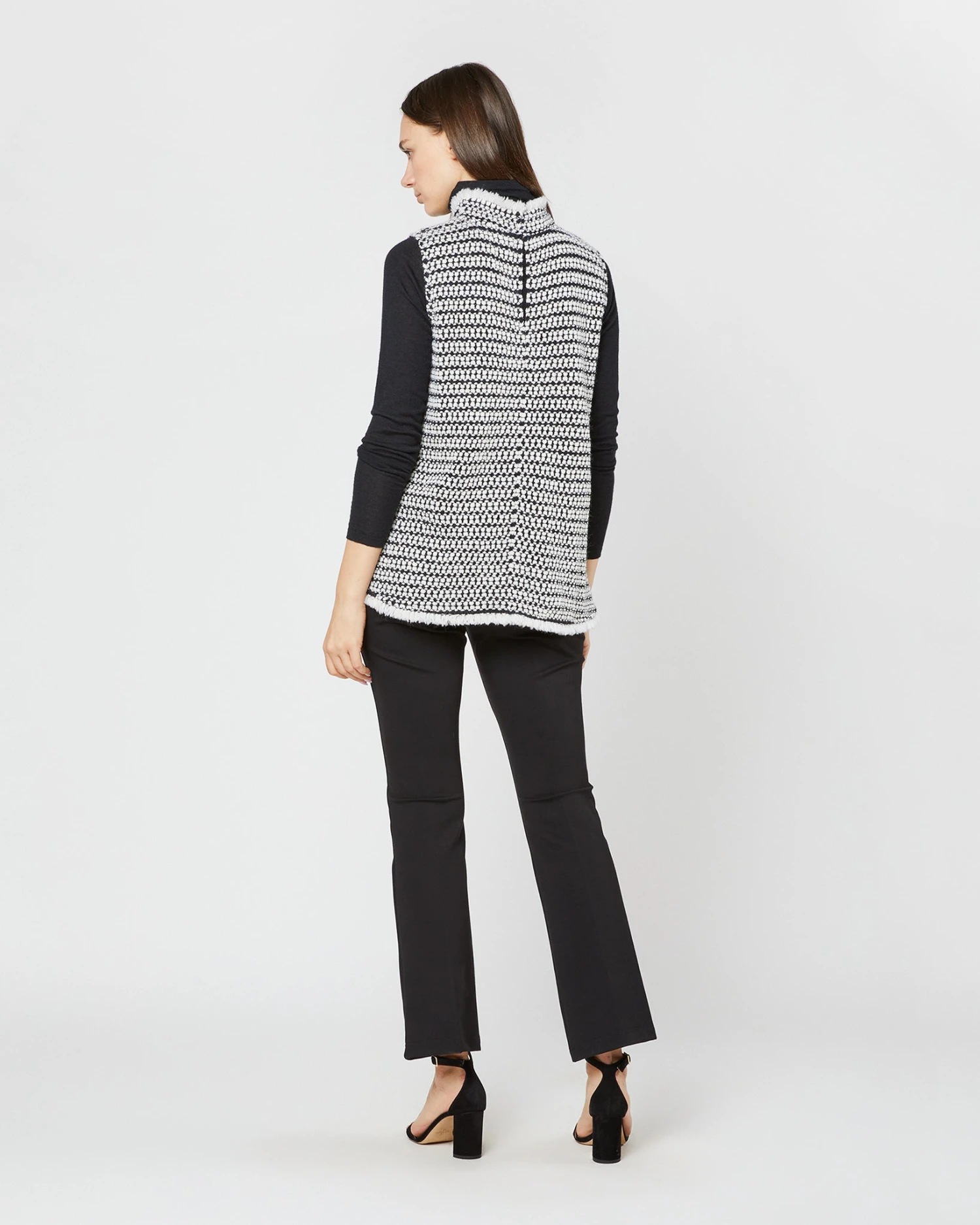 Sleeveless Ana Fringe Top In Ivory/Black Filagree Flower Wool - Image 10