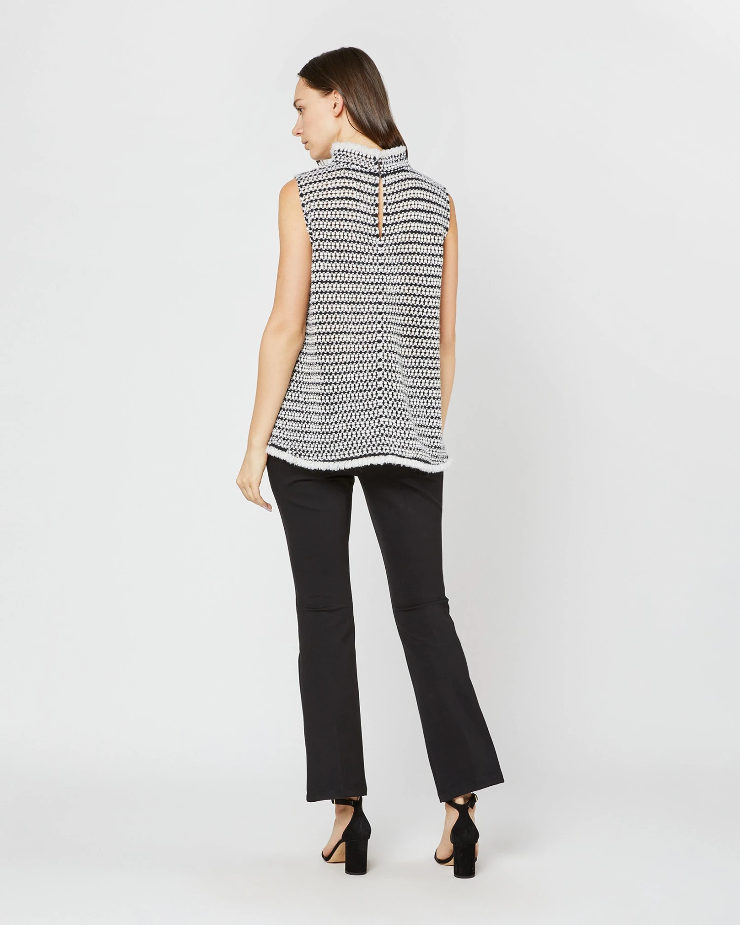 Sleeveless Ana Fringe Top In Ivory/Black Filagree Flower Wool - Image 5