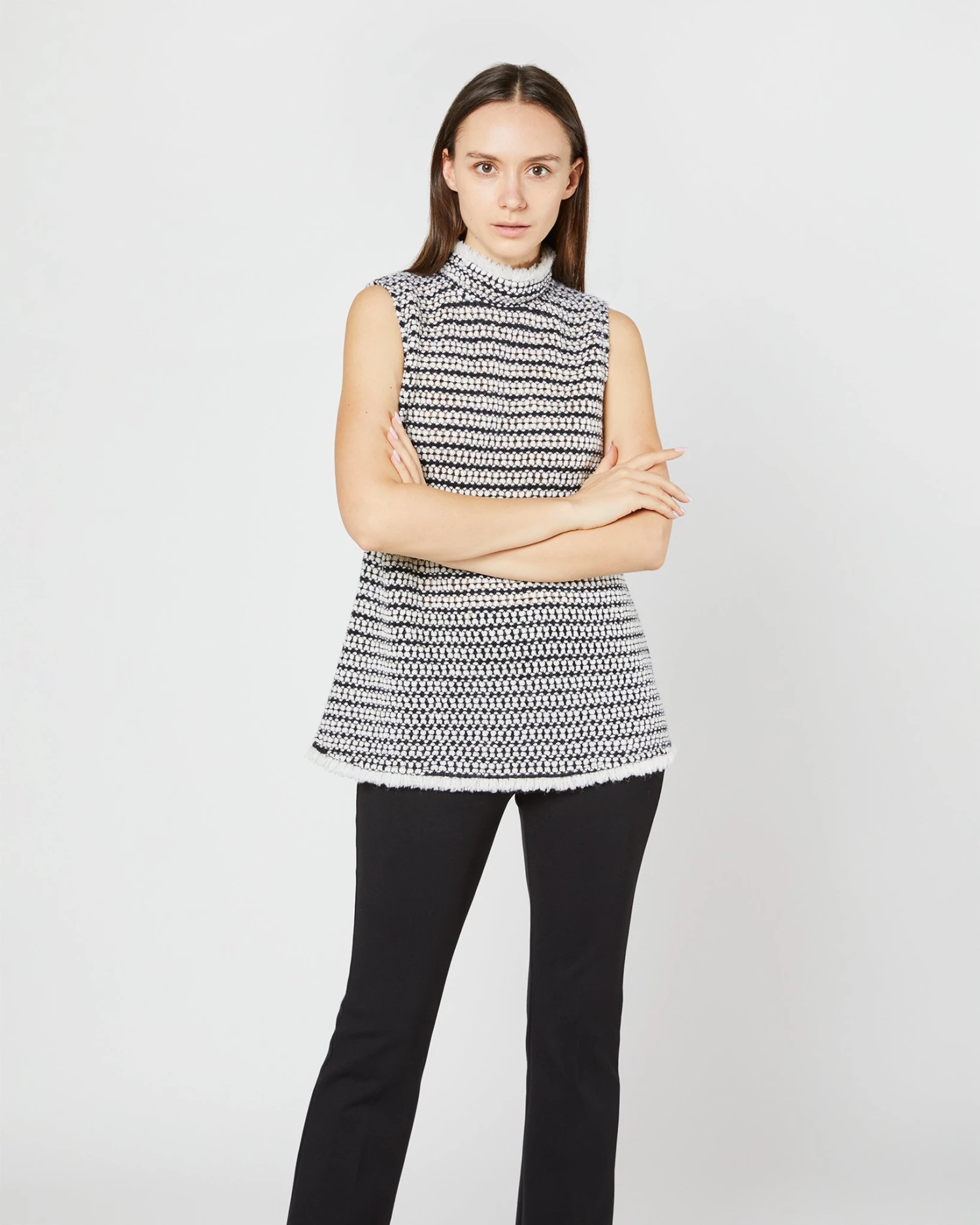 Sleeveless Ana Fringe Top In Ivory/Black Filagree Flower Wool - Image 6