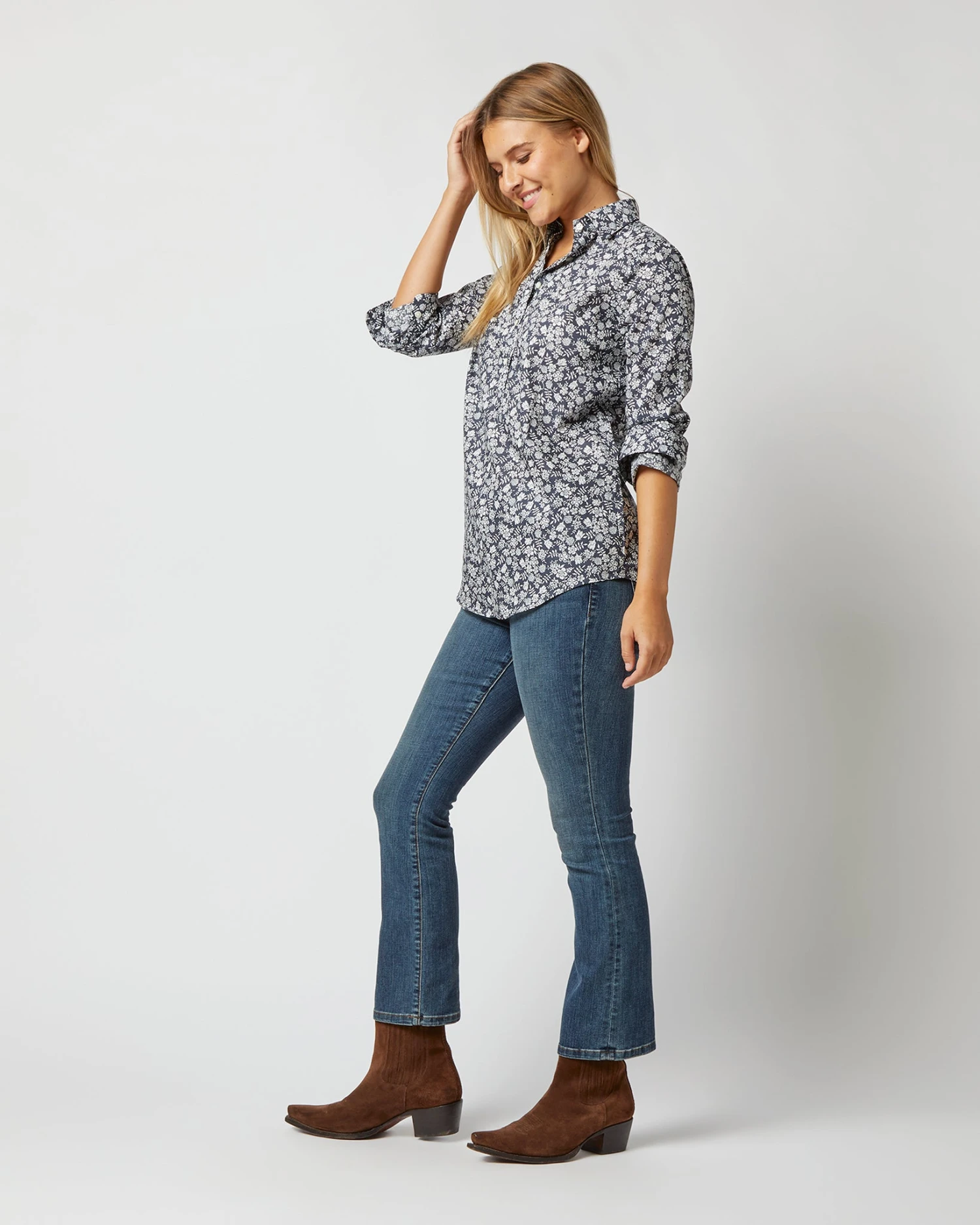 Tomboy Popover Shirt In Navy Edenham Shadow Liberty Fabric - Image 3