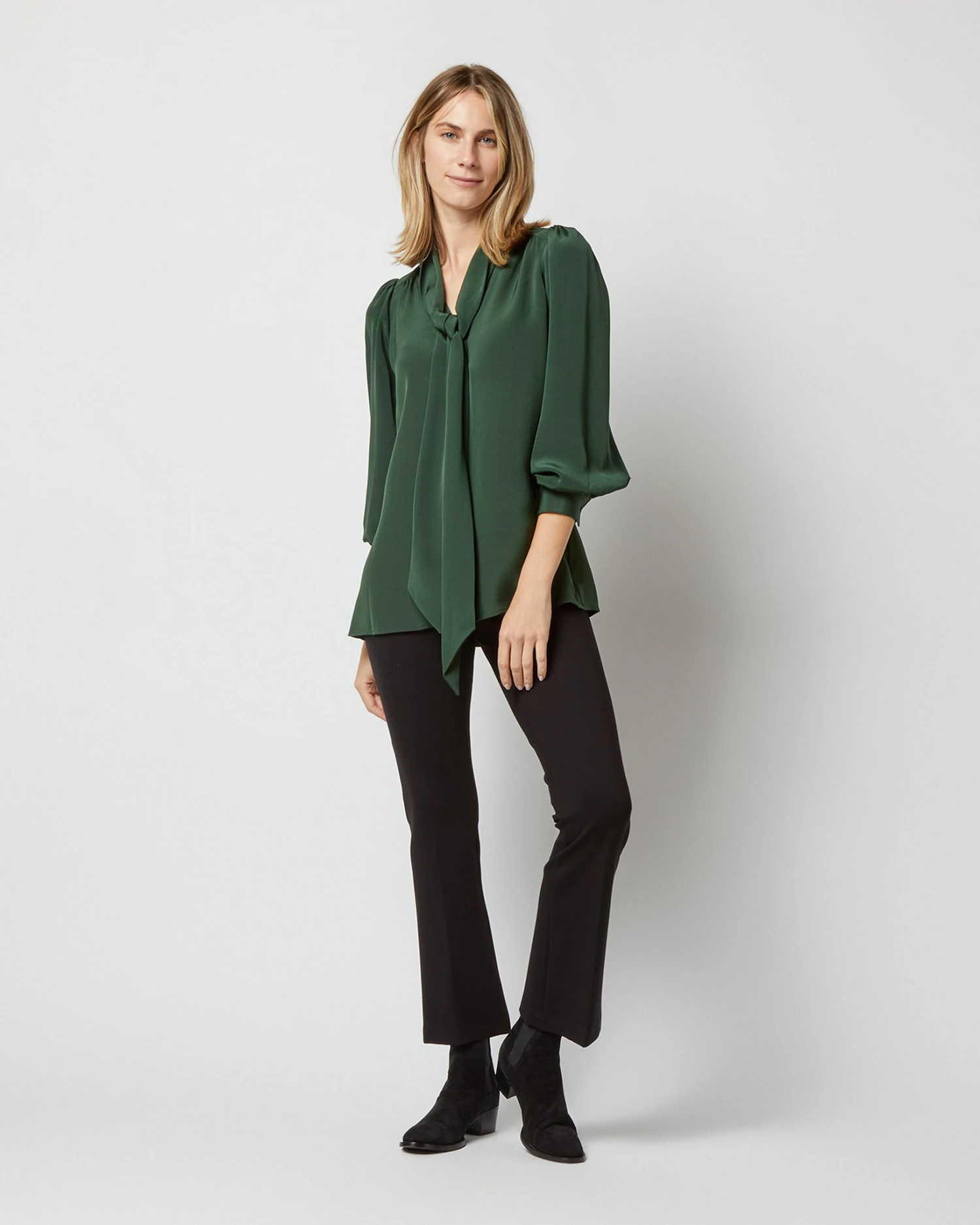 Helene Tie-Neck Blouse In Hunter Silk Crepe De Chine