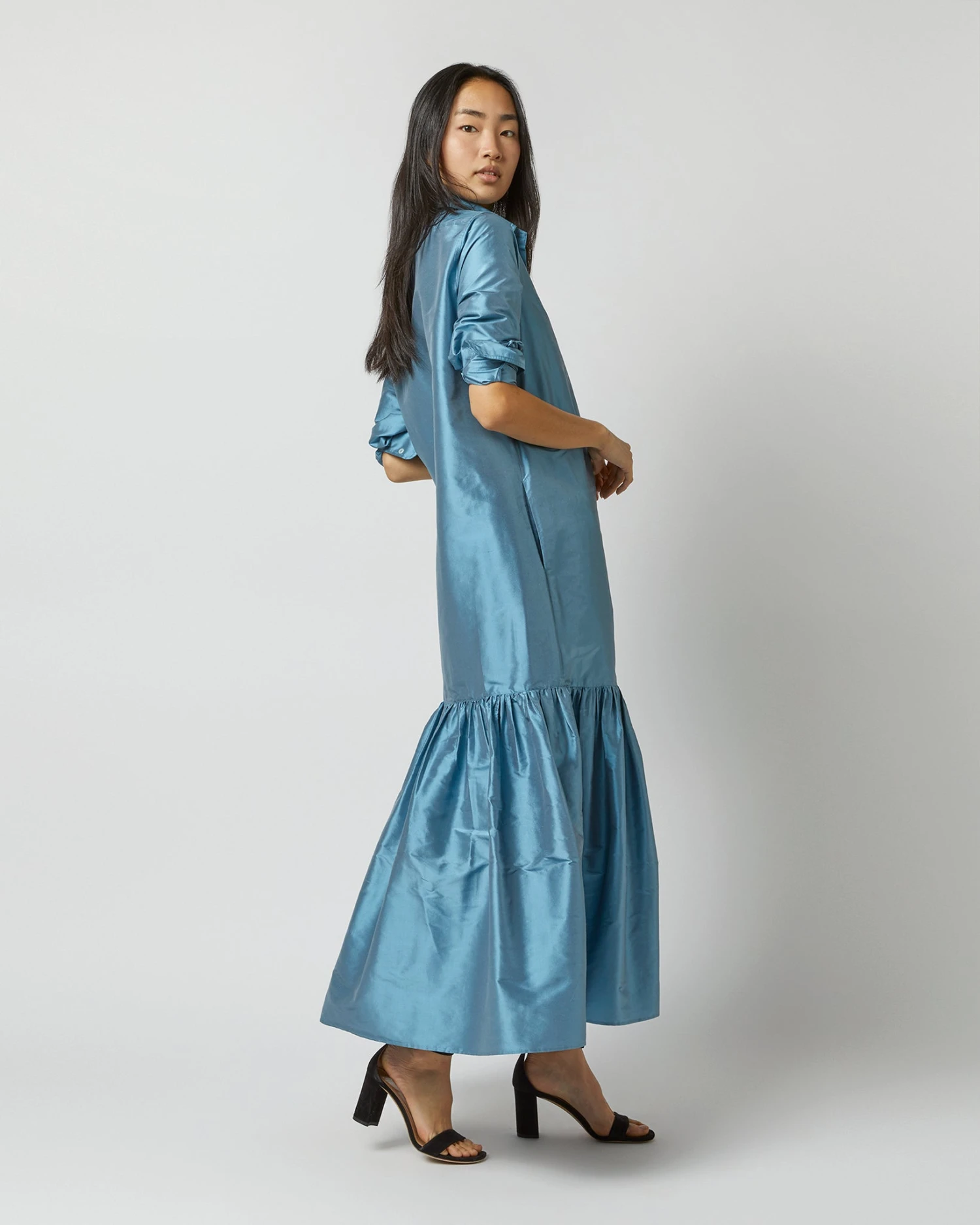 Manon Dress In Steel Blue Silk Shantung - Image 9