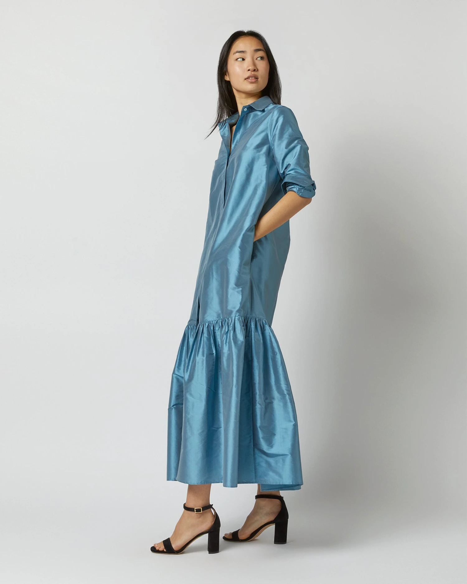 Manon Dress In Steel Blue Silk Shantung - Image 8