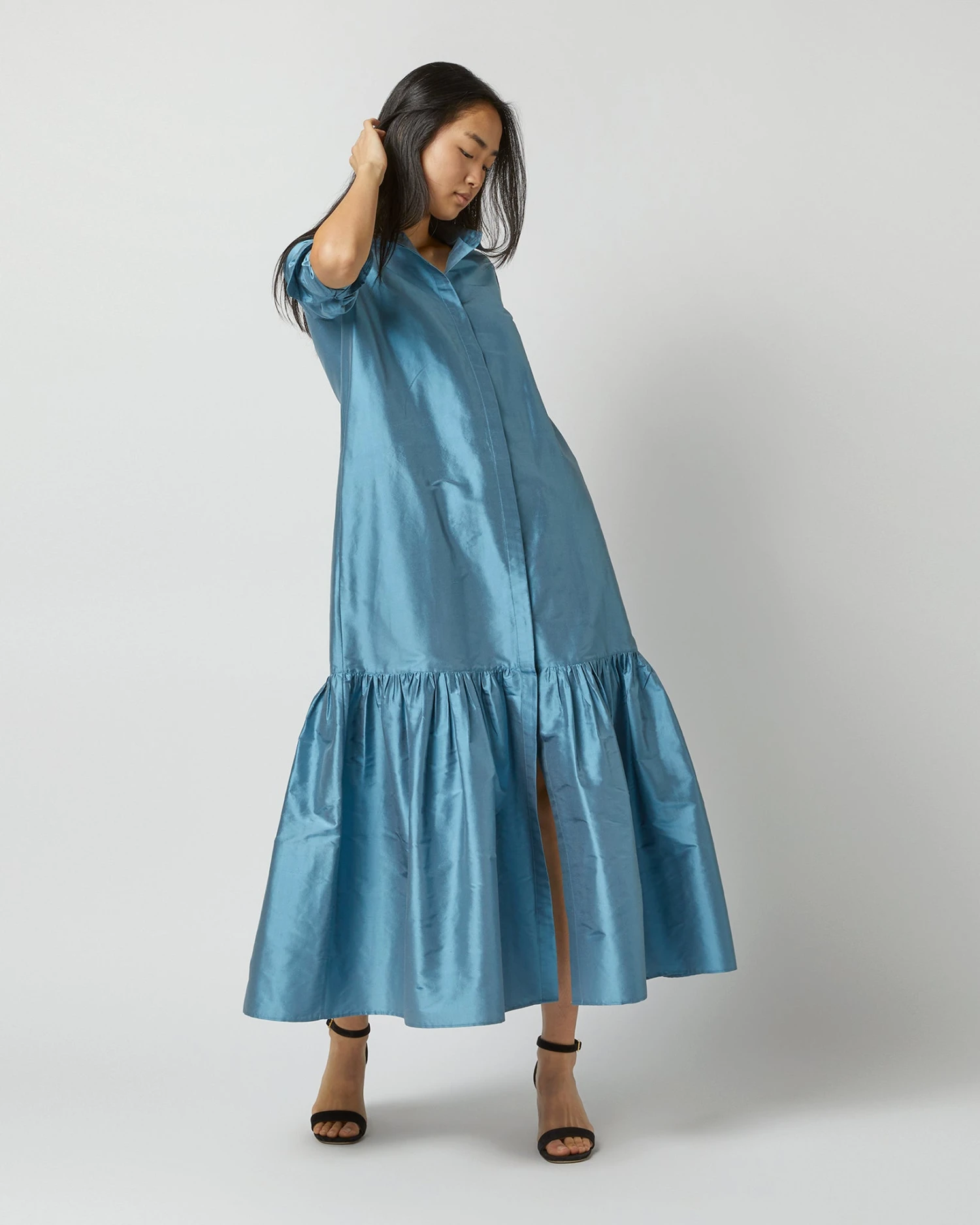 Manon Dress In Steel Blue Silk Shantung - Image 7