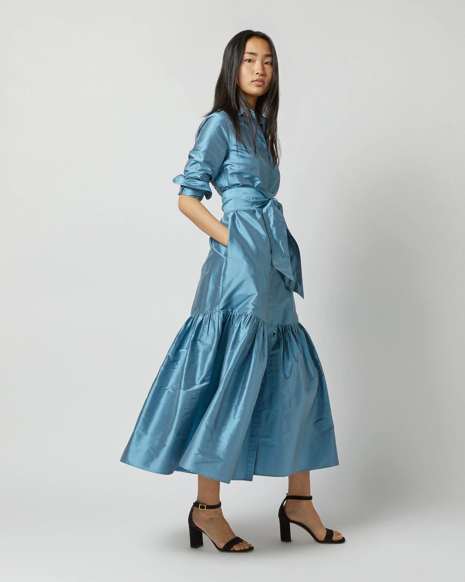 Manon Dress In Steel Blue Silk Shantung - Image 3