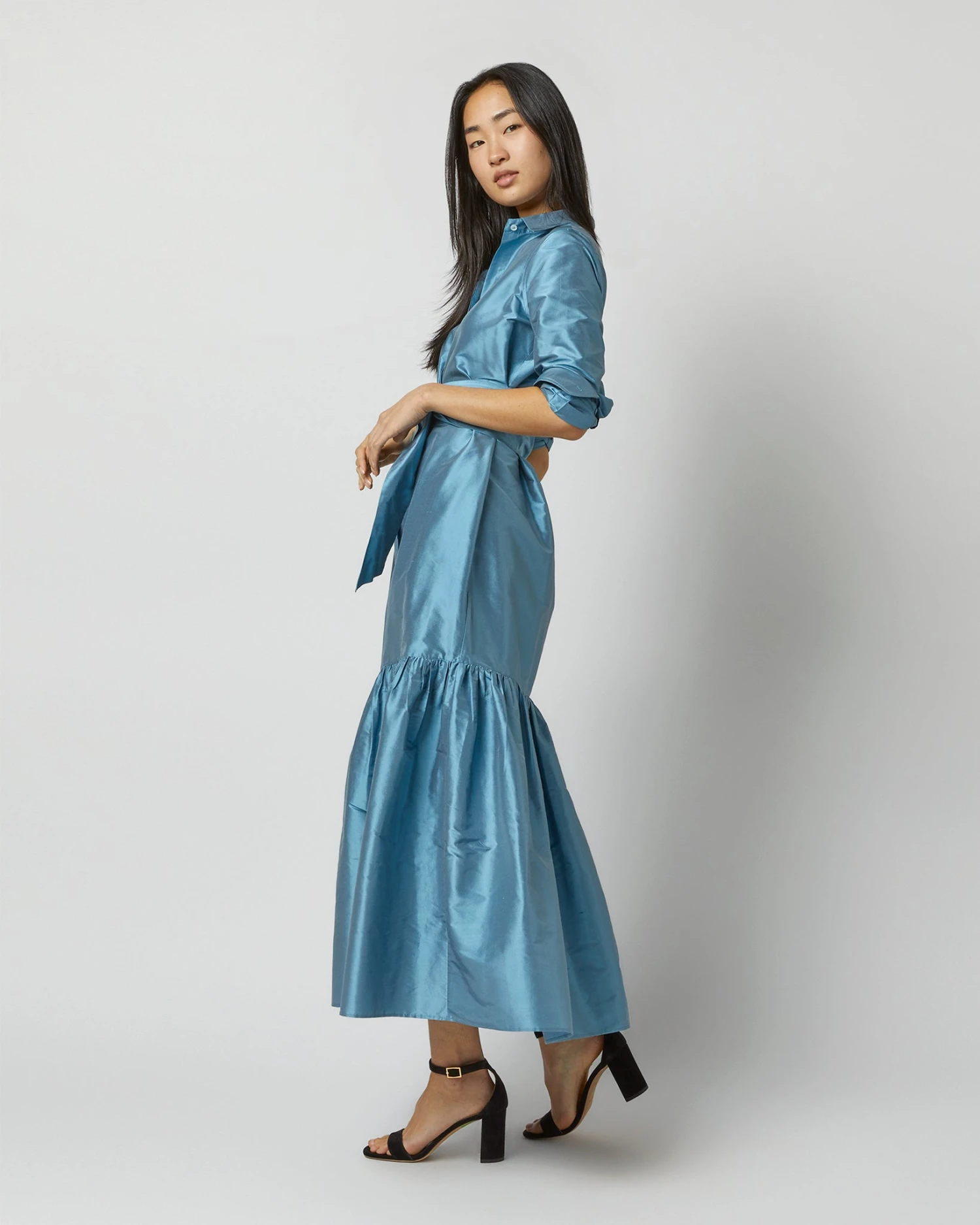 Manon Dress In Steel Blue Silk Shantung - Image 4