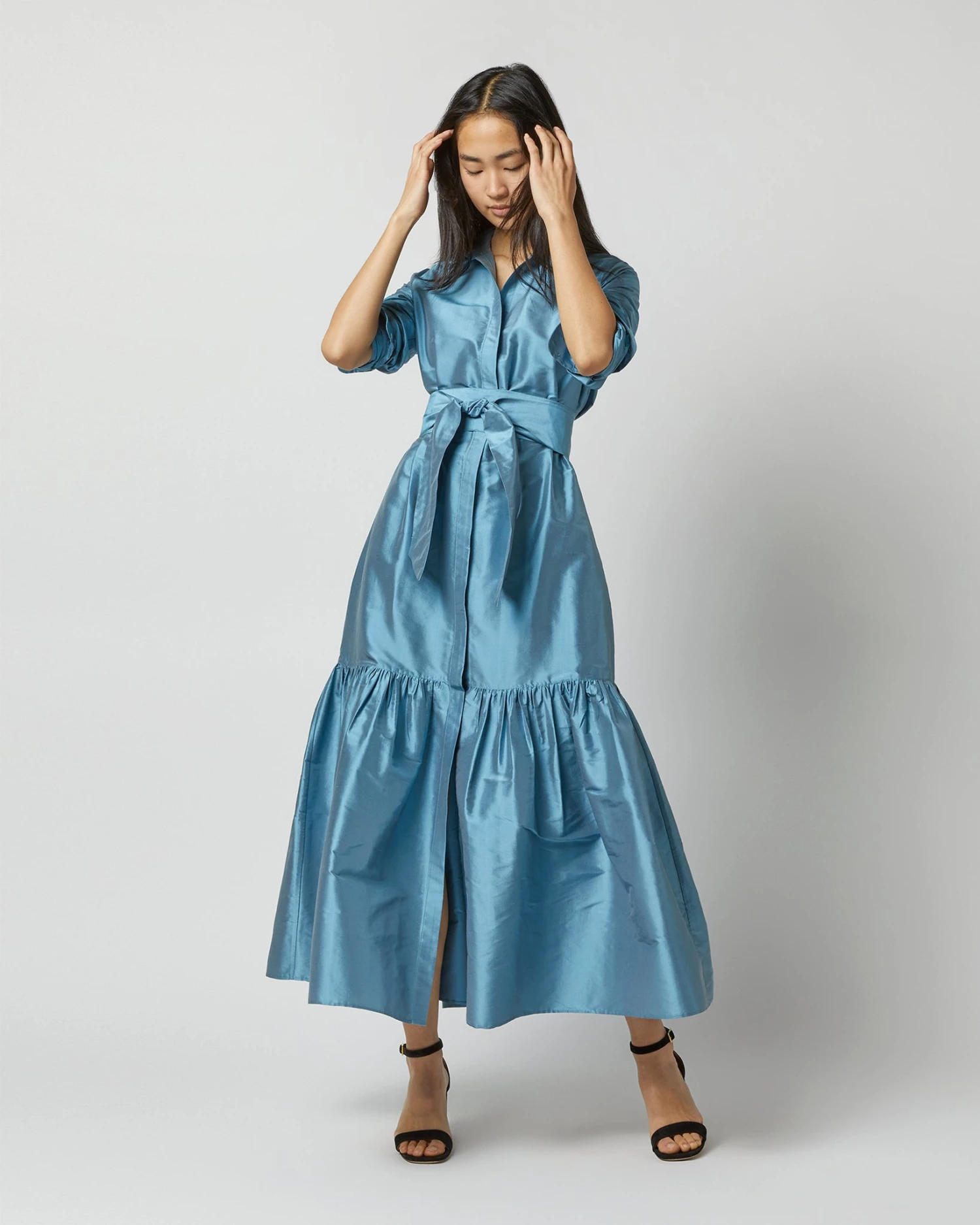 Manon Dress In Steel Blue Silk Shantung - Image 5