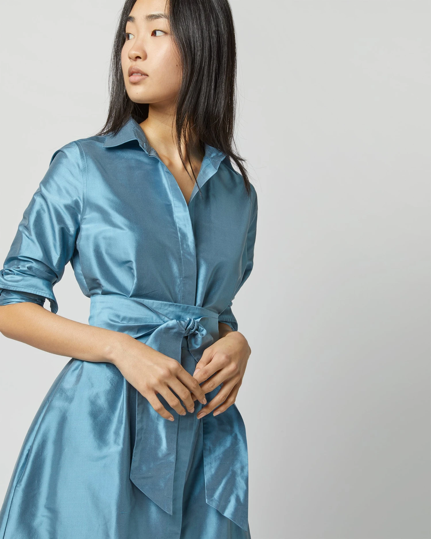 Manon Dress In Steel Blue Silk Shantung - Image 2