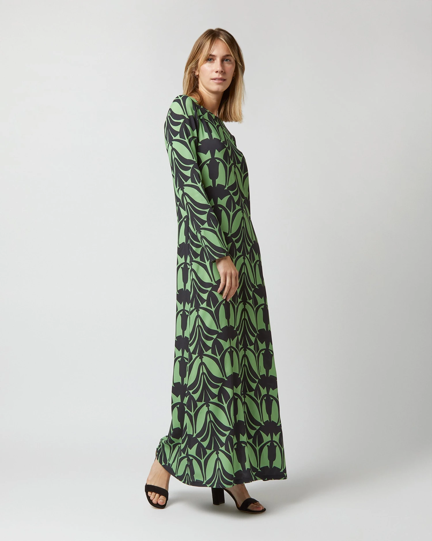 Long Sleeve Swing Dress In Papyrus Green Sablé - Image 3