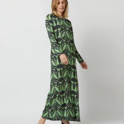Long Sleeve Swing Dress In Papyrus Green Sablé