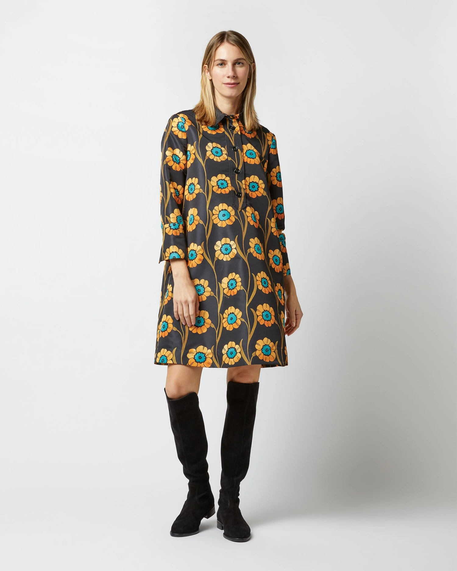 Short Artemis Dress In Daisychain Black Faille